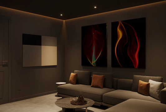 Overtone Acoustic Wall Art installed above seating in a modern interior