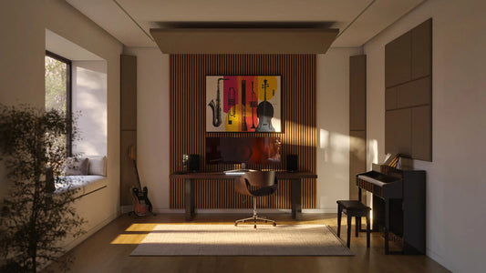 Creative studio combining an Acoustic Art Panel with standard acoustic wall panels