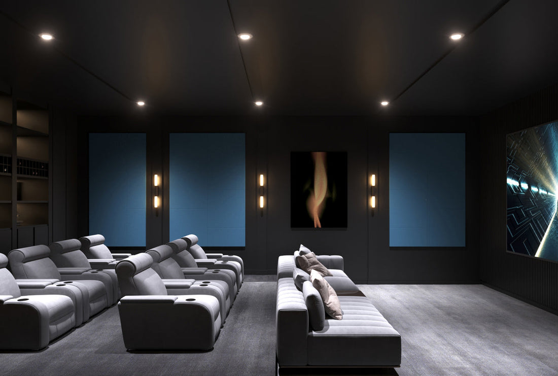 Home theater with Overtone acoustic wall panels around the seating area