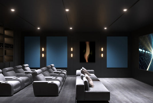 Home theater with Overtone acoustic wall panels around the seating area