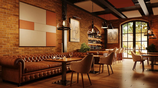 Overtone restaurant visualization with acoustic wall panels and ceiling clouds above booth seating