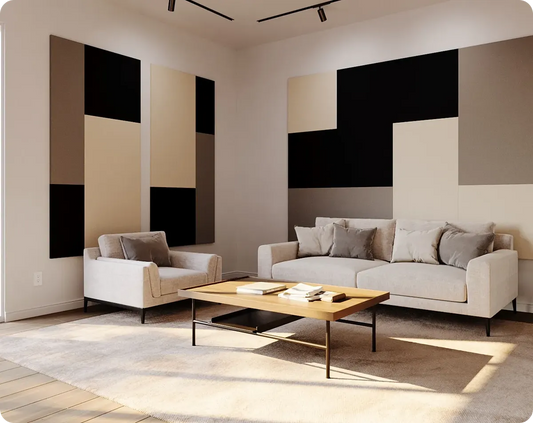 Existing Overtone website imagery showing fabric acoustic panels in a furnished living room