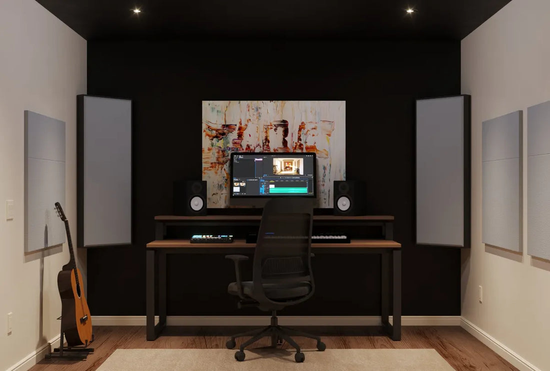 Overtone website image of a recording workspace with fabric-covered acoustic panels