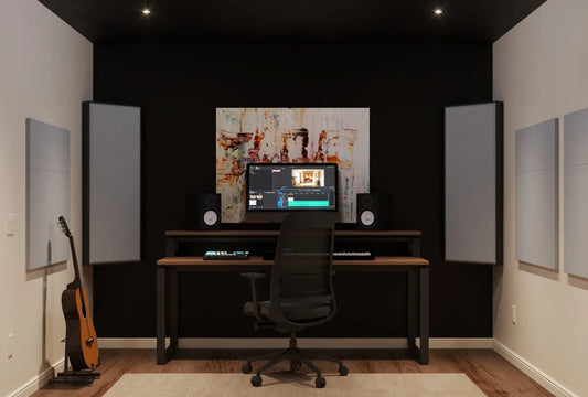 Overtone website image of a recording workspace with fabric-covered acoustic panels