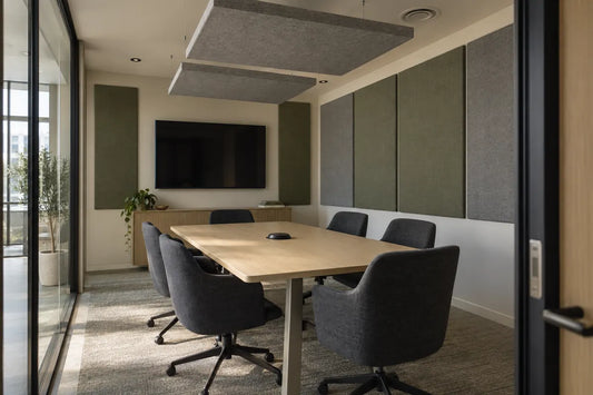 AI-generated conference room concept with fabric acoustic wall panels and suspended ceiling clouds