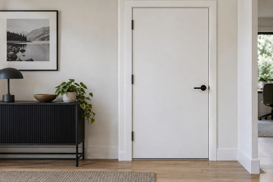 AI-generated illustration of a closed interior door with perimeter seals and a bottom strip
