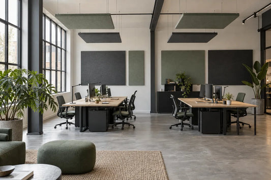 AI-generated office concept with fabric wall panels and suspended acoustic ceiling clouds