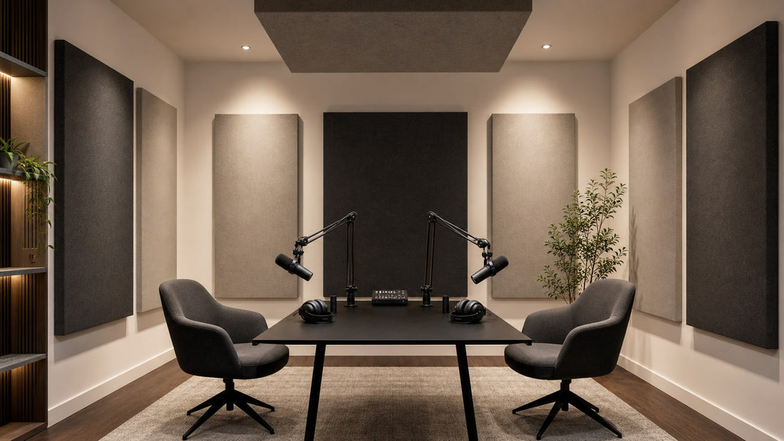 Podcast studio with acoustic wall panels positioned around the recording table