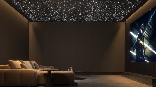 Overtone product visualization of a home theater with an illuminated acoustic star ceiling
