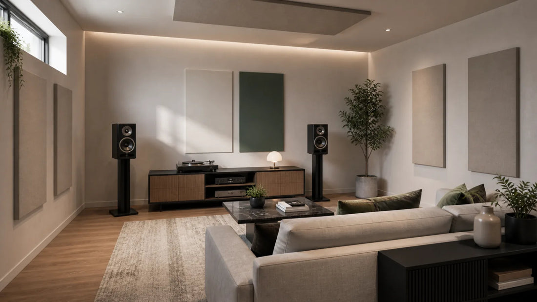 Overtone Acoustic Panels placed across a modern listening room