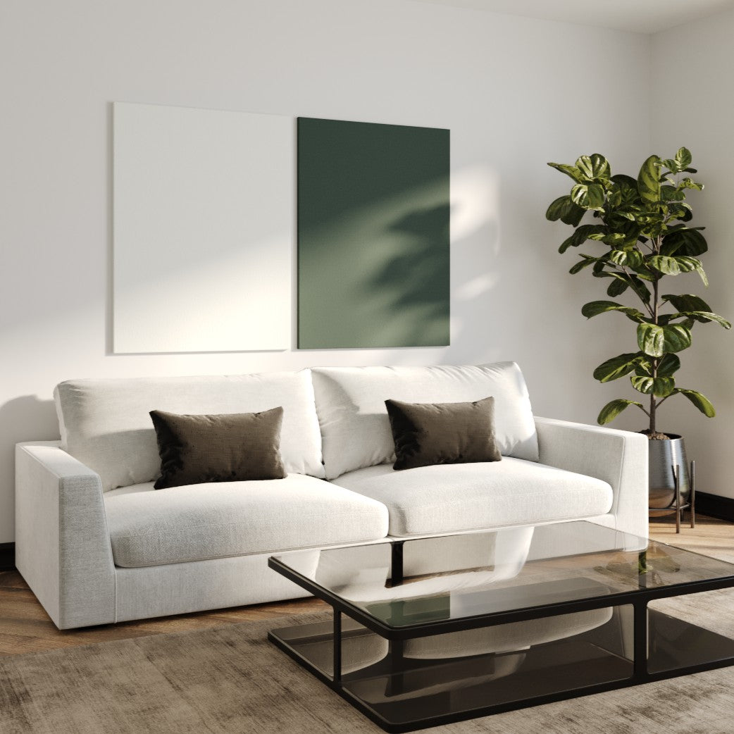 Standard Overtone Acoustic Panels installed behind a sofa in a living room