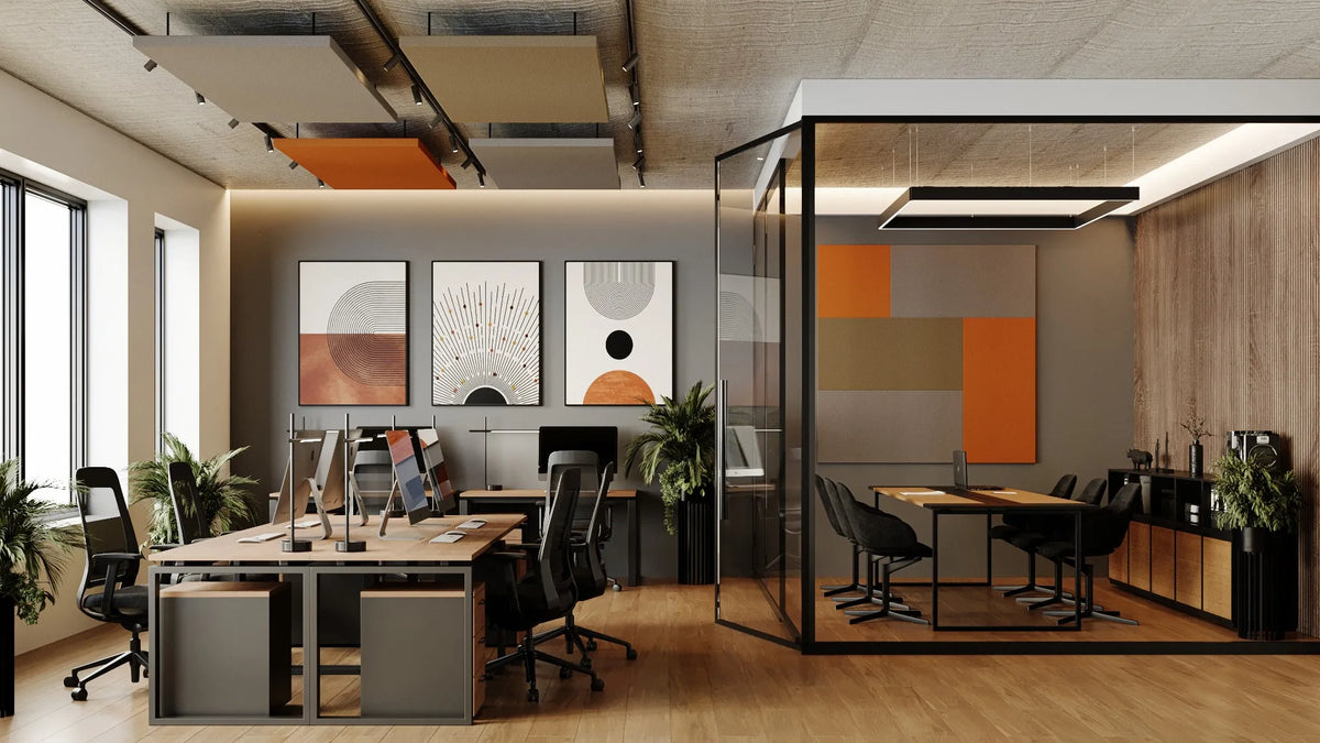 Acoustic Art Panels and ceiling treatments in a modern coworking office