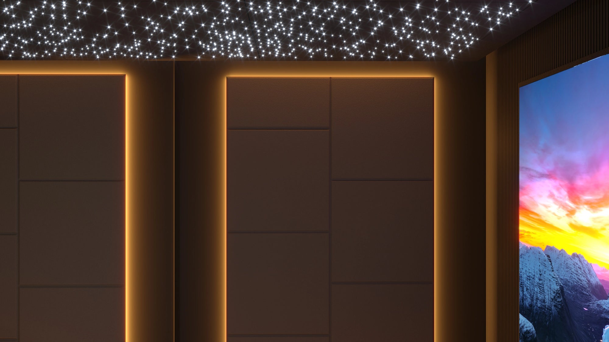 Overtone acoustic wall treatment installed beside a home theater screen