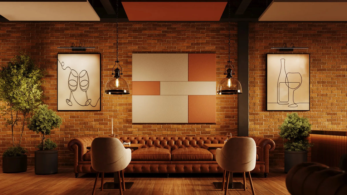 Overtone restaurant visualization with coordinated cream and terracotta acoustic wall panels above booth seating