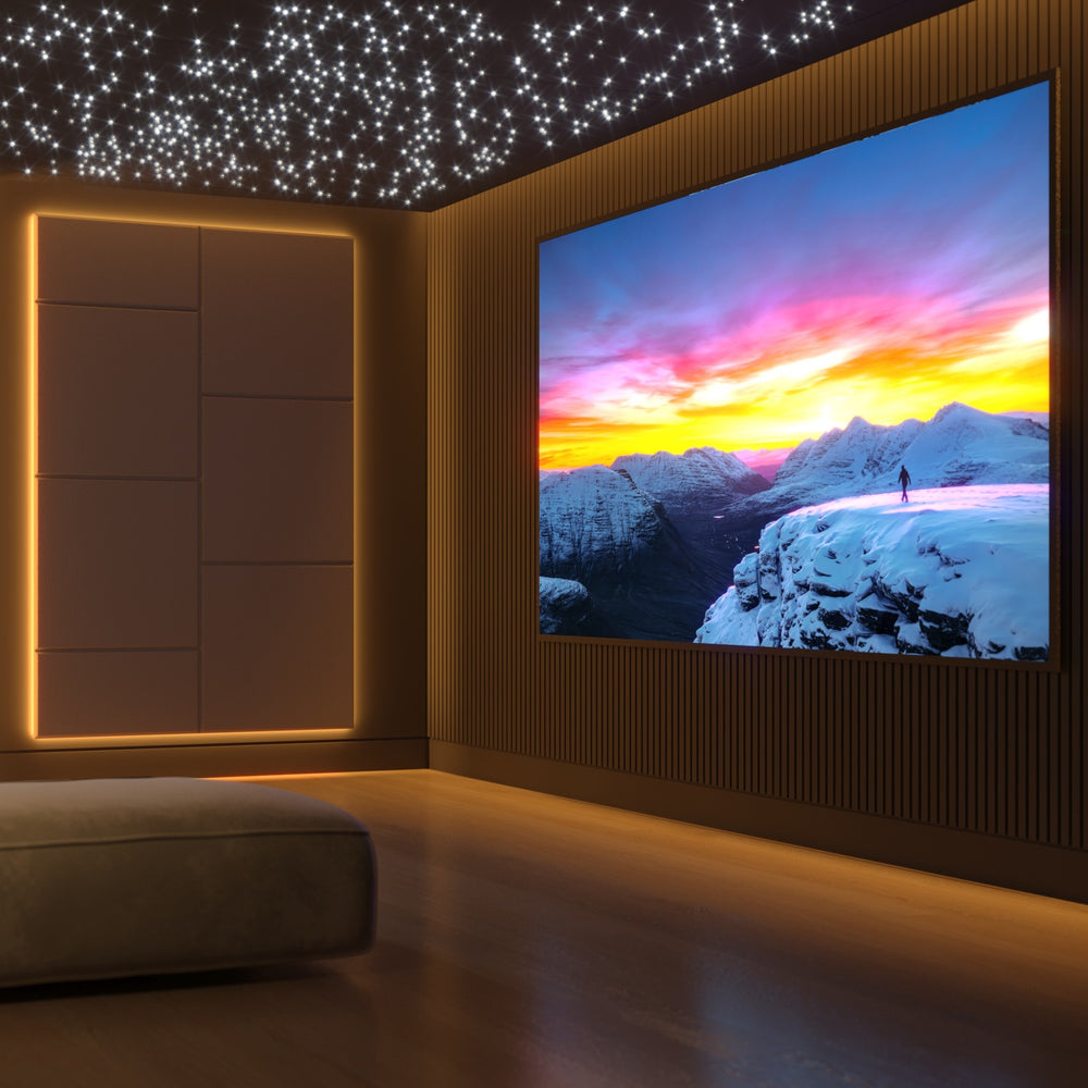 Overtone Acoustic Star Panel installed above a home theater viewing area