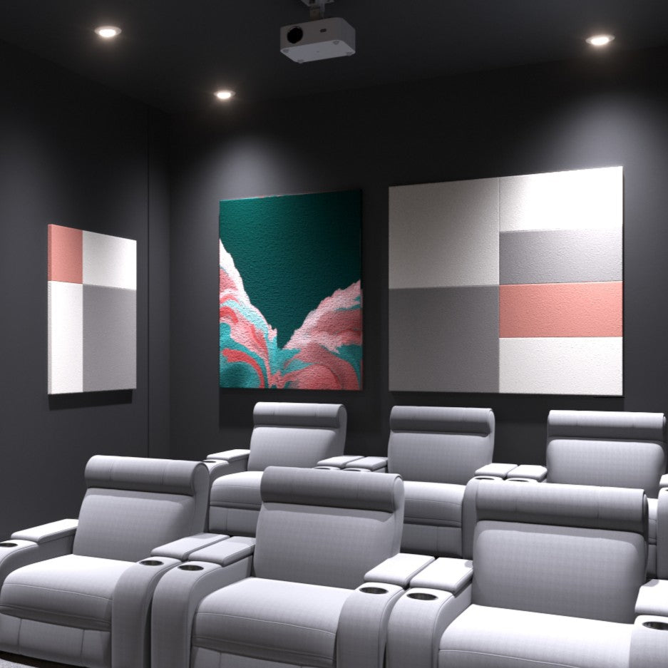 Theater image from Overtone media showing wall treatment, seating, a projector, and ceiling lights