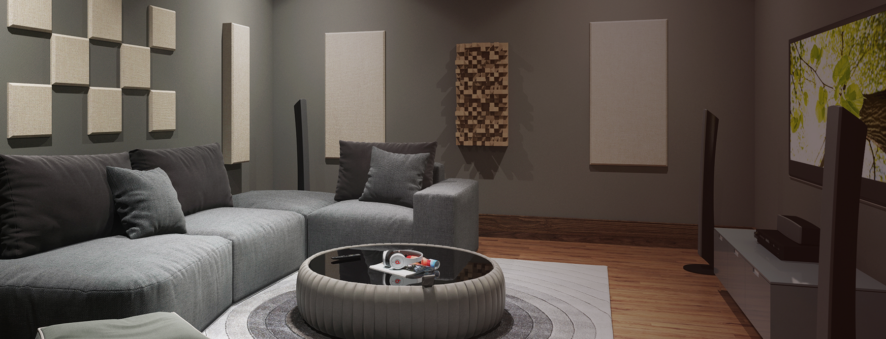 Listening room with Overtone acoustic treatment distributed across reflective wall areas